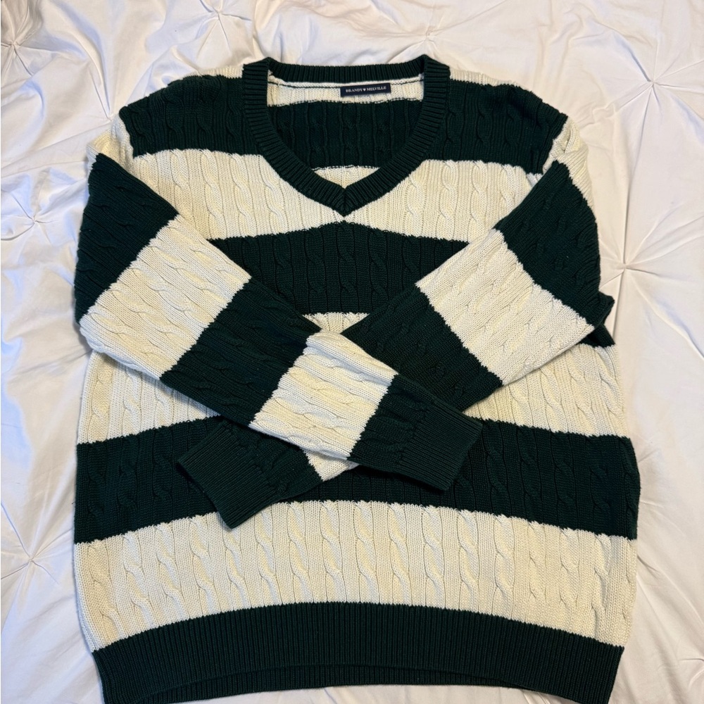 Brandy Melville Green and White V-Neck Sweater